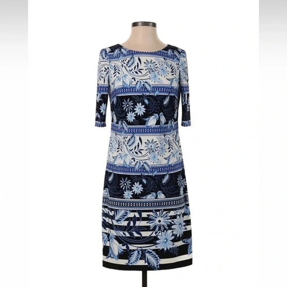 Eliza J Blue Floral Stripe Country Patchwork Shift Dress 3/4 Sleeves Size 2 XS - Picture 3 of 6